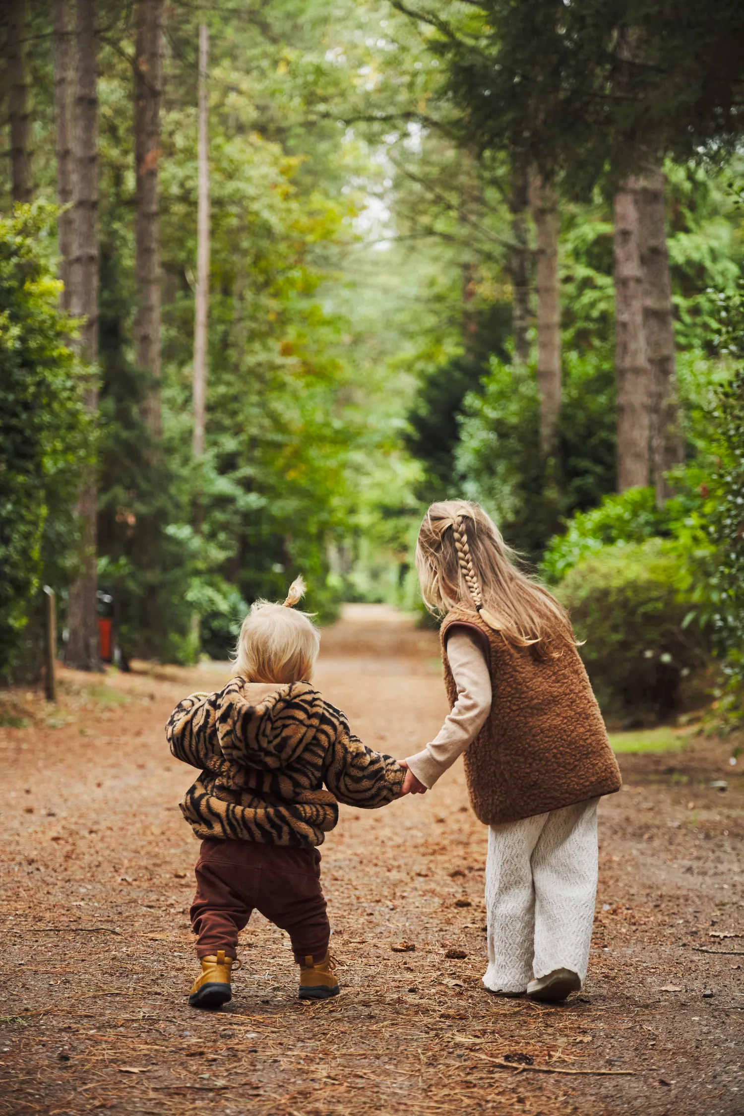 Twee kinderen lopen hand in hand over een bospad